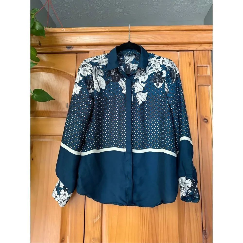 Zara Basic Collection Navy Floral & Polka Dot Button-Up Blouse Size Small - Picture 3 of 12